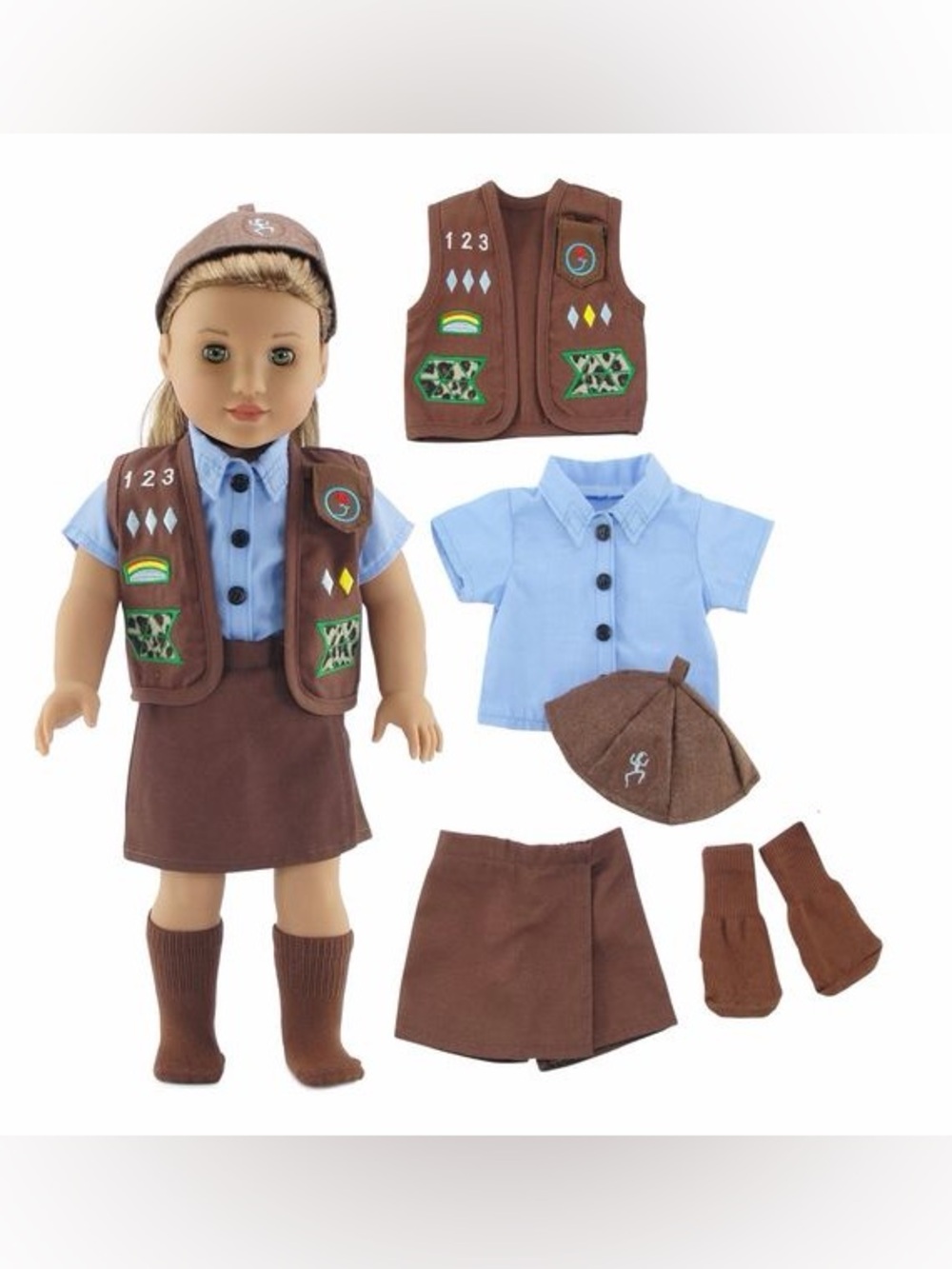 Emily Rose 18 Inch Doll Clothes Girl Scout Brownie Uniform with Embroidered Vest